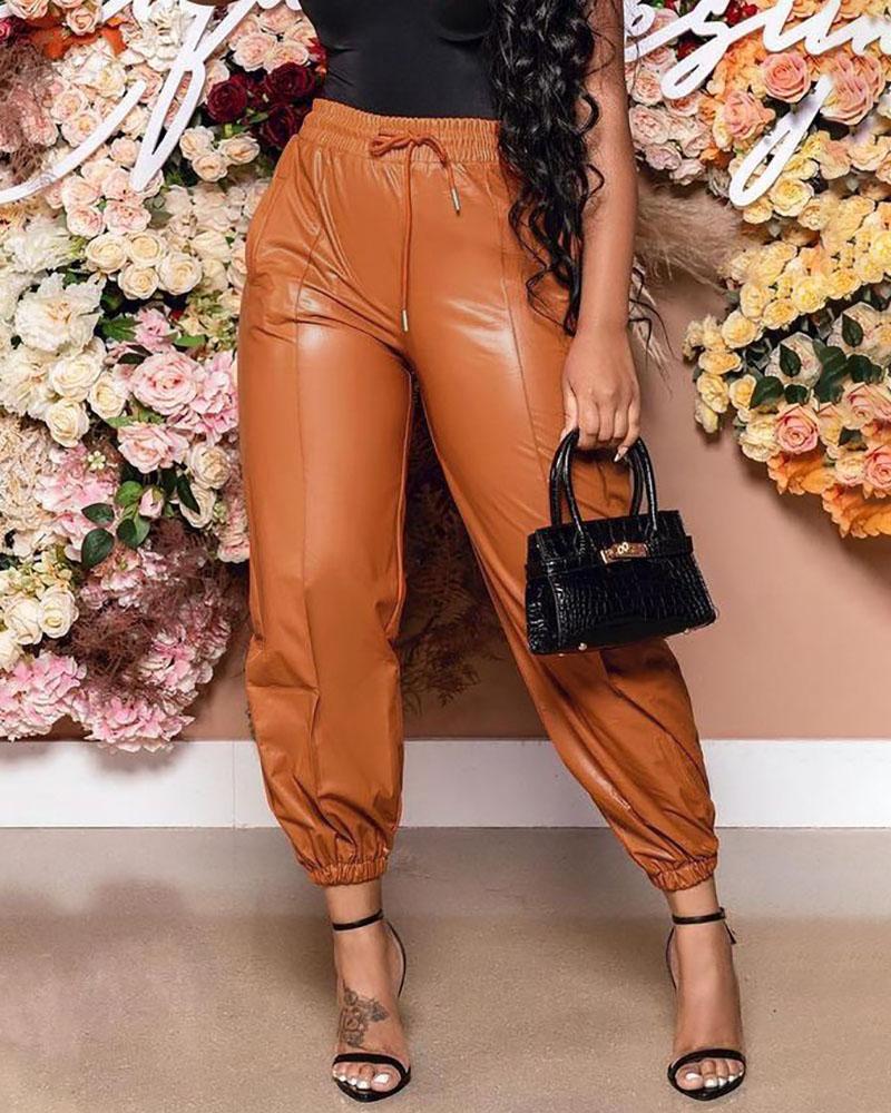 Pants&Shorts Plus Size High Waist Drawstring PU Leather Pants