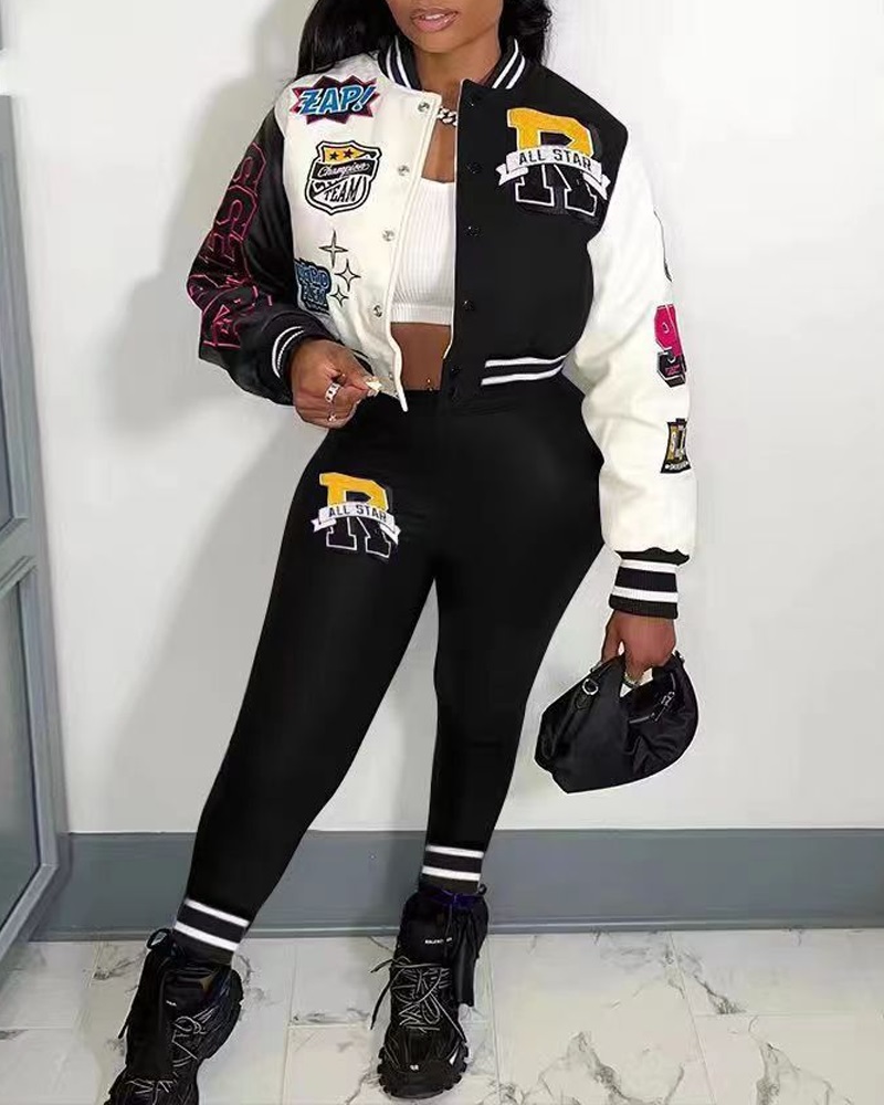 Colorblock Graphic Print Baseball Jacket & Pants Set