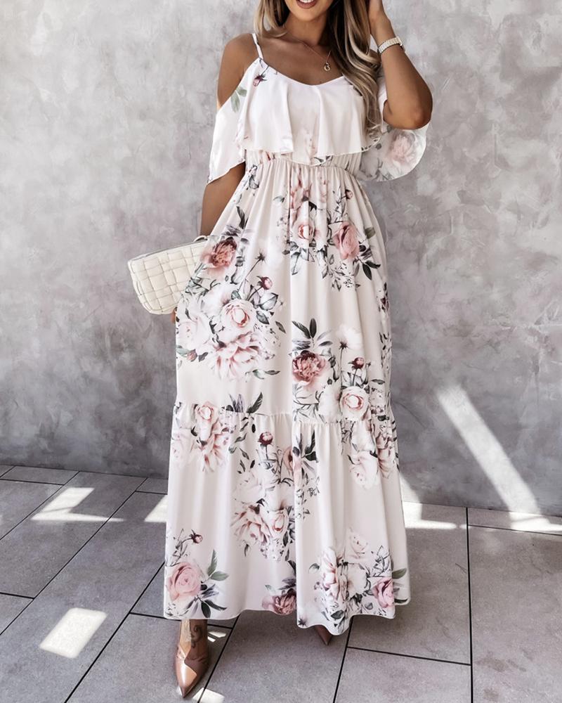 Cold Shoulder Floral Print Ruffles Maxi Dress