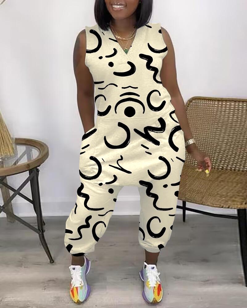 Abstract Print Pocket Design Sleeveless Jumpsuit