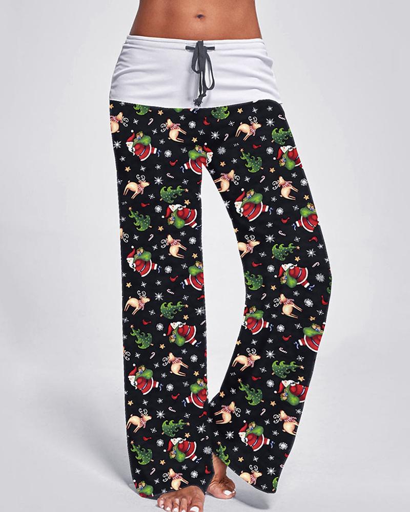 Christmas Print Drawstring Wide Leg Pants