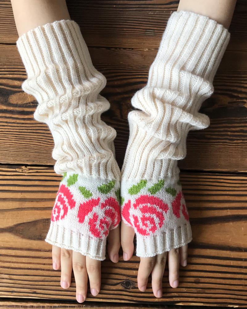 1Pair Floral Pattern Knit Fingerless Thumbhole Arm Warmers Gloves