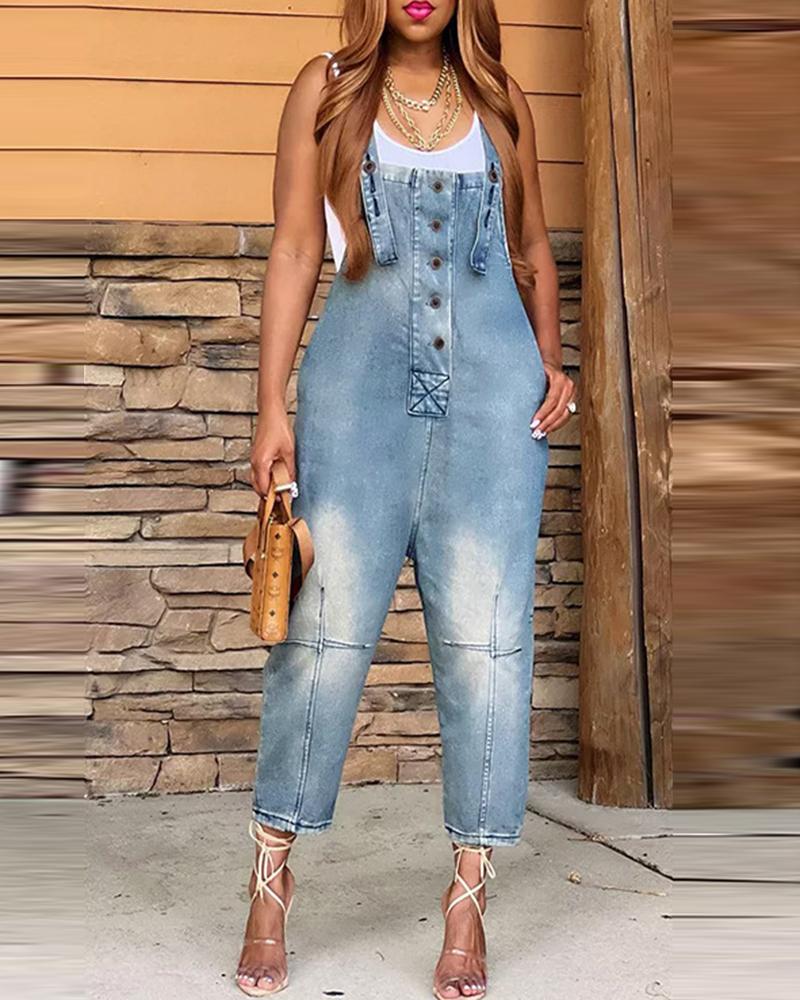 Denim Pocket Design Buttoned Suspender Jumpsuit