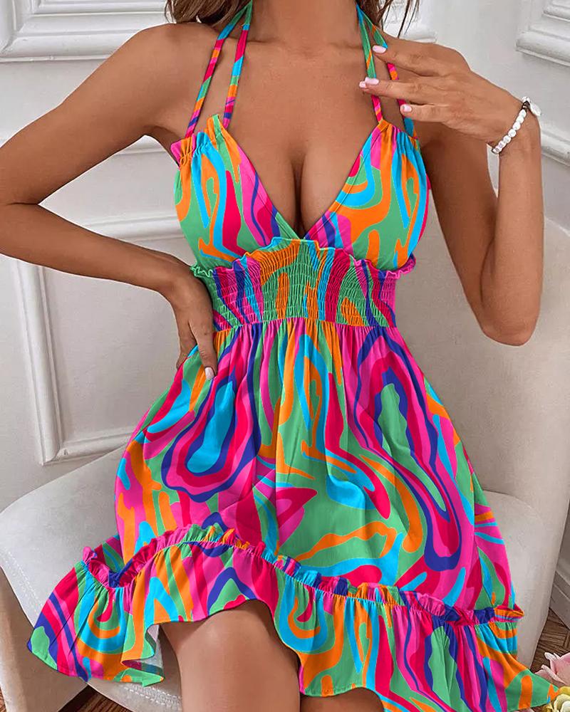 Multi-Color Abstract Print Shirred Ruffles Halter Casual Dress