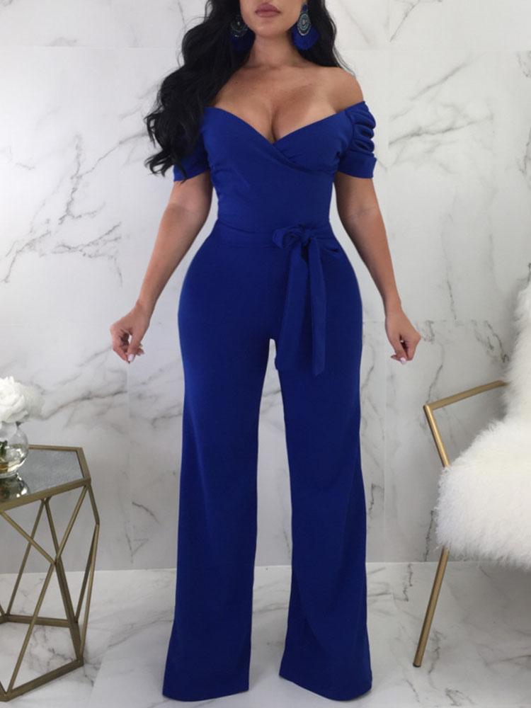 Off Shoulder Tie Waist Wide Leg Jumpsuit