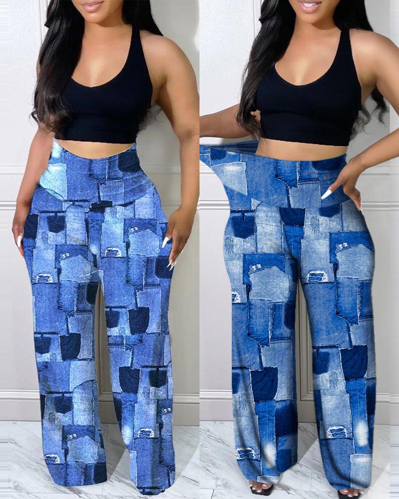 Denim Look Print High Waist Pants