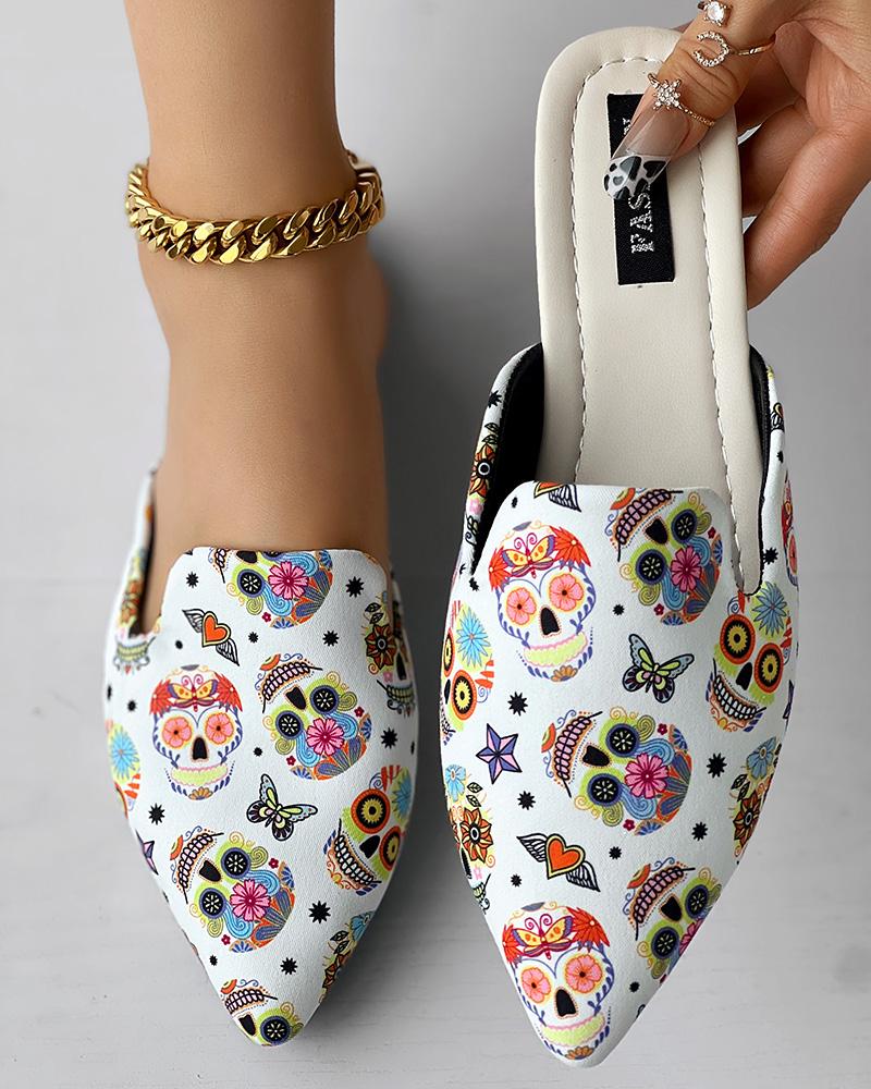 Halloween Skull Face Print Slippers Point Toe Mules