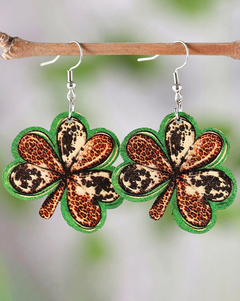 1Pair St. Patrick's Day Green Clover Leopard Earrings