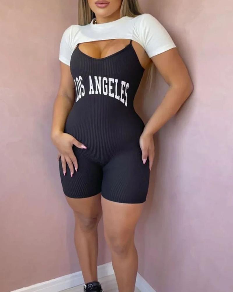 Letter Print Spaghetti Strap Romper With Crop Top