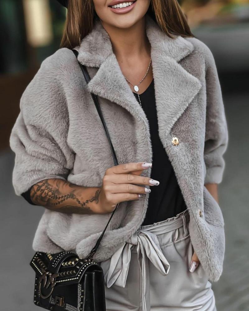 Button Front Long Sleeve Fuzzy Coat