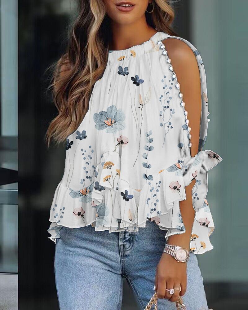 Floral Print Ruffle Hem Split Sleeve Top