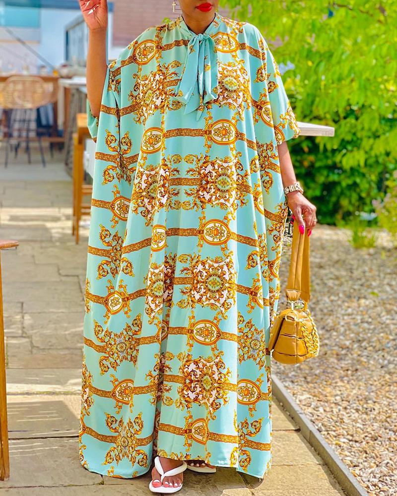 Tie Neck Baroque Print Maxi Flowy Dress