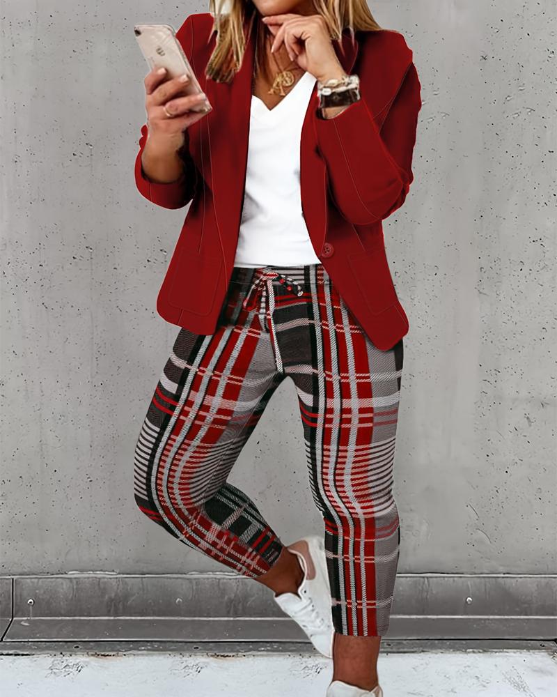 Plus Size Plaid Print Blazer Coat & Drawstring Pants Set