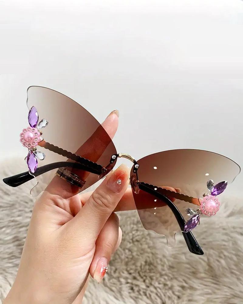1Pair Rhinestone Butterfly Shaped Rimless Sunglasses
