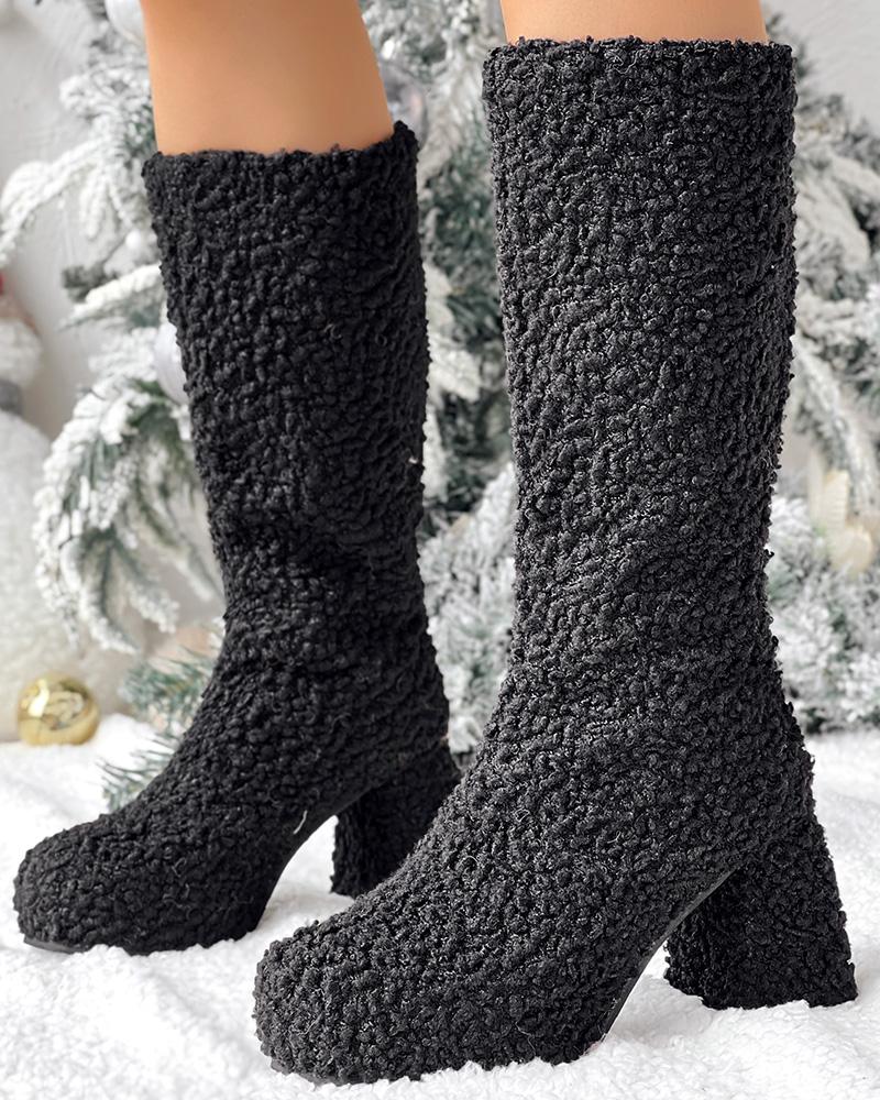 Chunky Heel Calf Teddy Boots