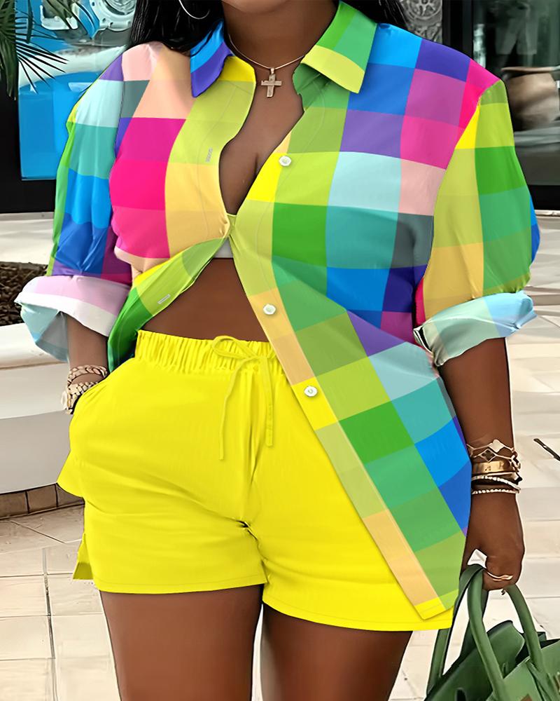 Plus Size Colorful Plaid Print Buttoned Shirt & Shorts Set