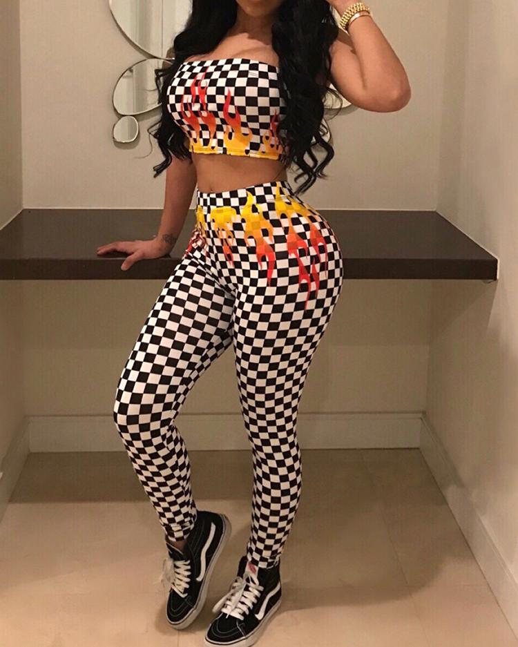 Checked Strapless Cropped High Waist Pant Sets