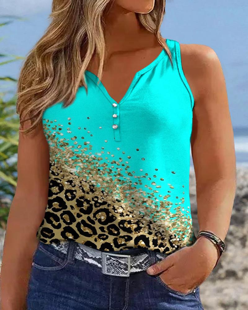 Plus Size Contrast Leopard Print Notch Neck Tank Top