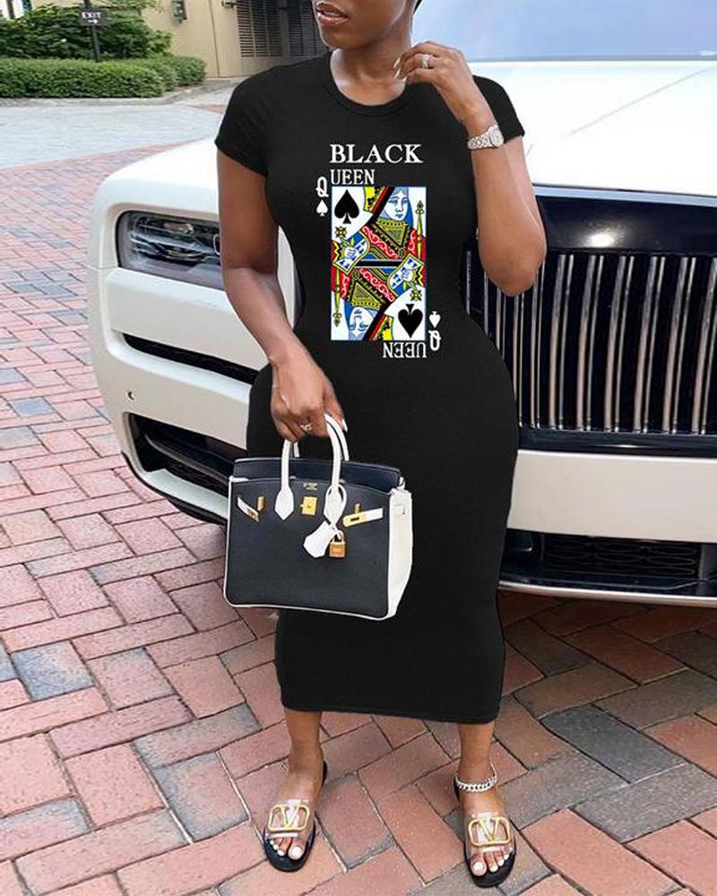 Poker Card Print Short Sleeve Bodycon Dress