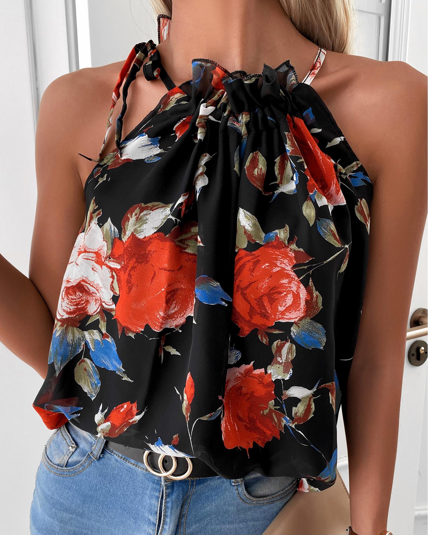 Halter Floral Print Sleeveless Top