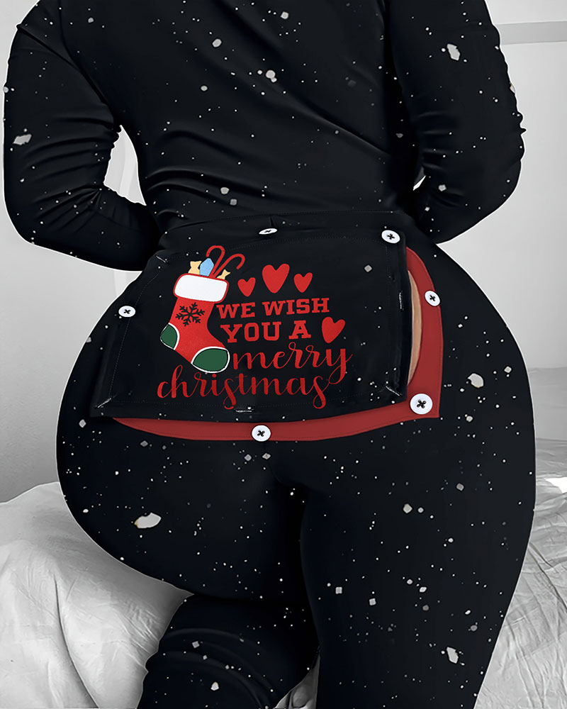  Christmas Slogan Graphic Print Functional Buttoned Flap Adult Onesie