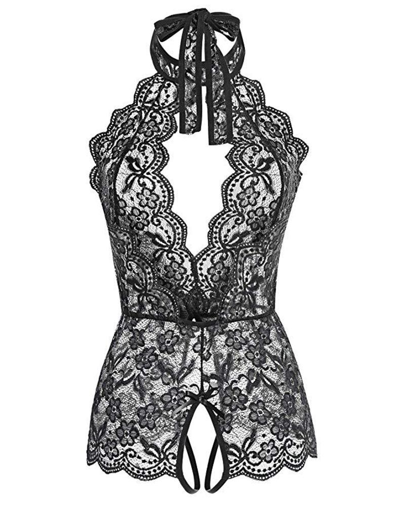 Crochet Lace Sheer Mesh Halter Teddy