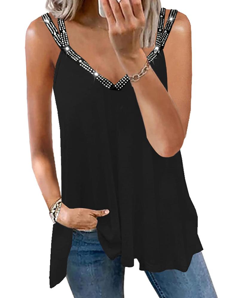 Rhinestone V-Neck Double Strap Top