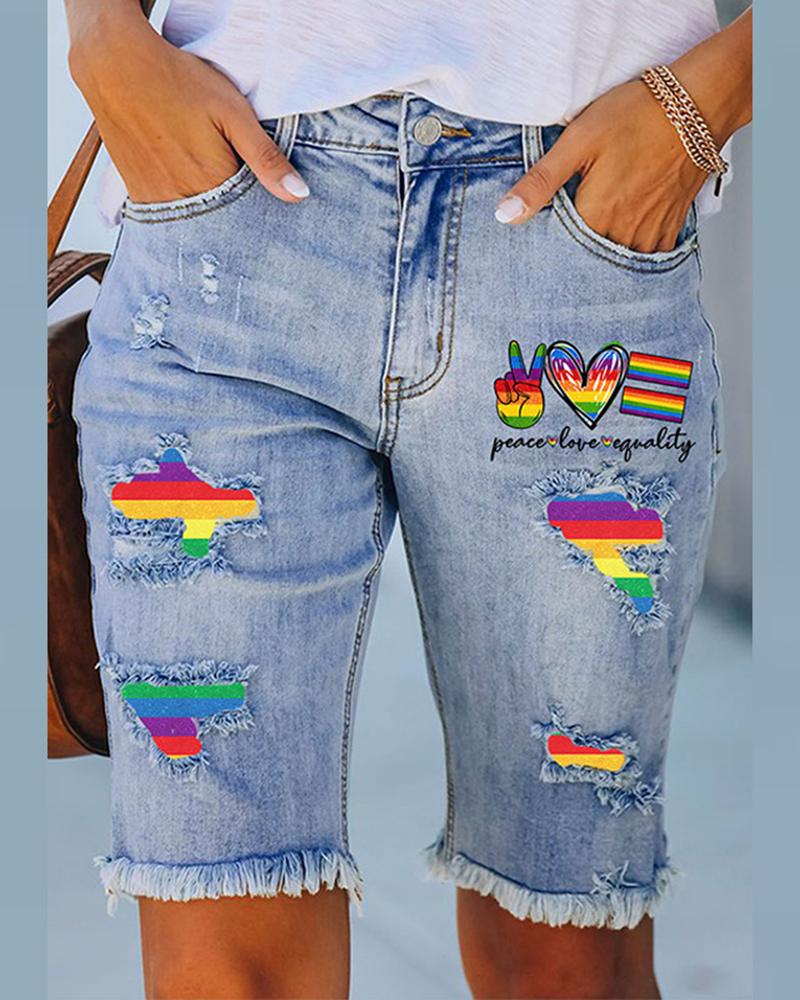 Rainbow Stripe Graphic Heart Print Patchwork Raw Hem Denim Shorts