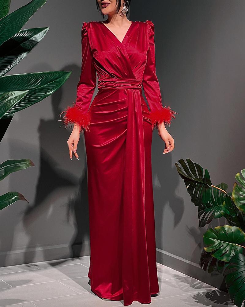 Evening Dresses  ChicMe Feather Detail Ruched Puff Sleeve Evening Dress