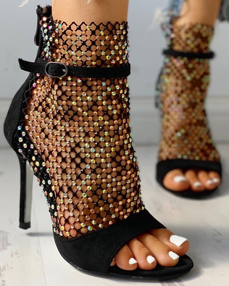 Heeled-Sandals  ChicMe Rhinestone Sheer Mesh Open Toe Thin Heels