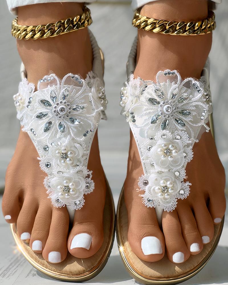 Rhinestone Floral Pattern Slingback Summer Beach Sandals