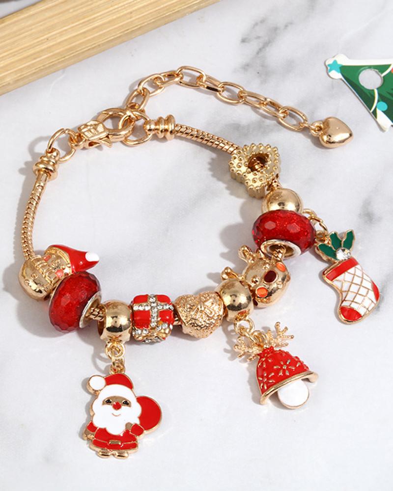  1pc Christmas Santa Claus Jingle Bell Reindeer Sock Shaped Beaded Gift Bracelet