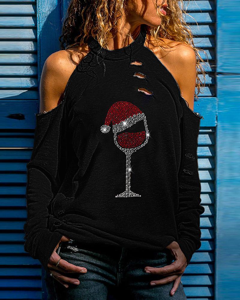Christmas Graphic Heels Print Cold Shoulder Top