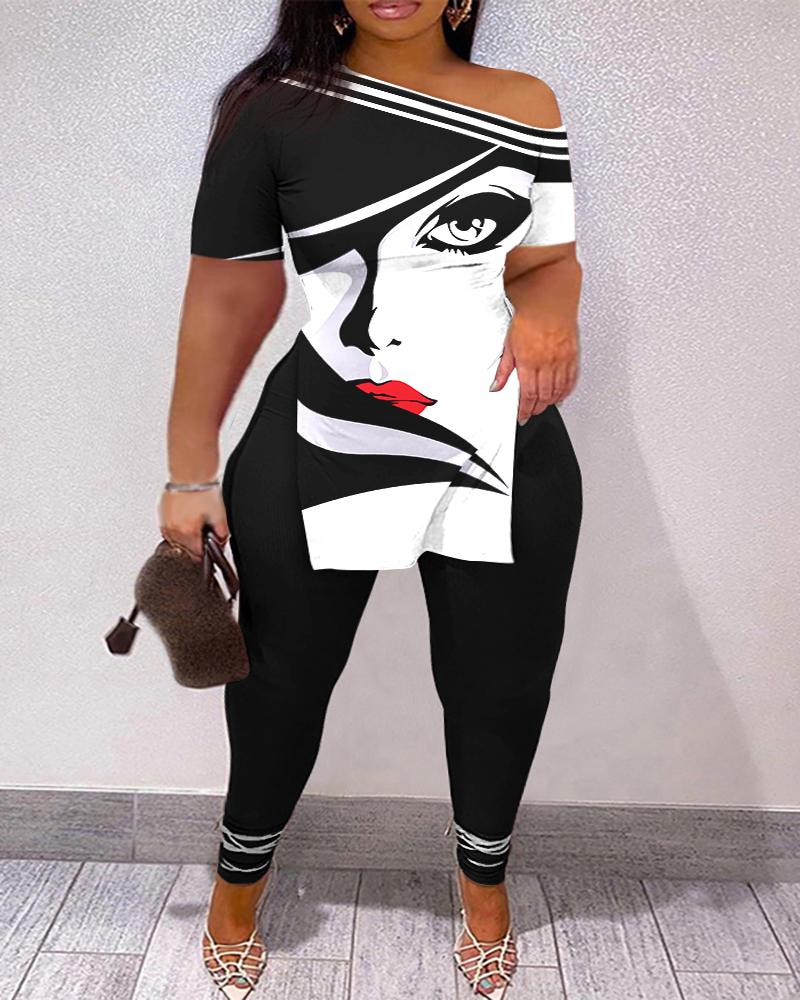 Plus Size Abstract Figure Print Side Slit Top & Pants Set