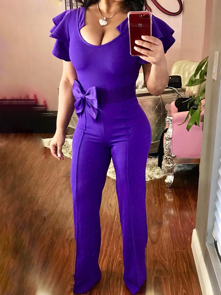Solid Ruffles Bowknot Belted Slinky Jumpsuit