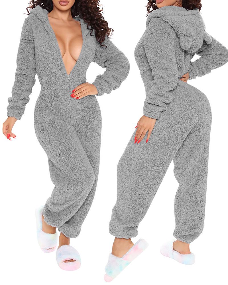  3D Ear Zipper Front Hooded Fluffy Lounge Jumpsuit