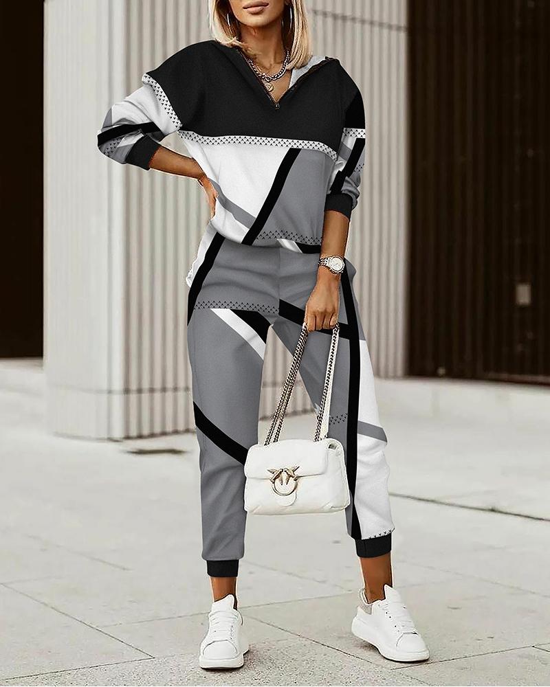 Geometric Print Long Sleeve Casual Top & Pants Set