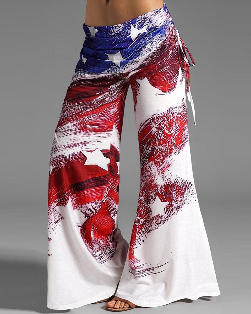 Independence Day Flag Print Drawstring Bootcut Pants