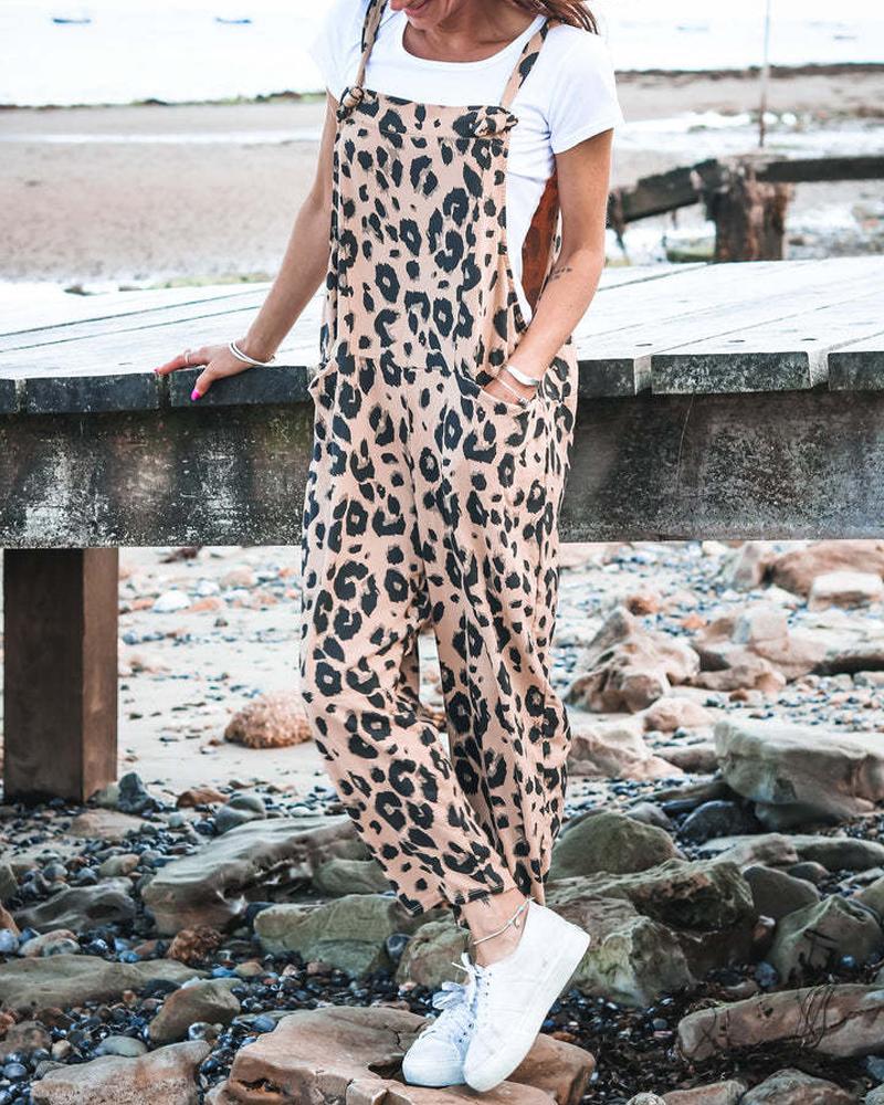 Leopard Print Sleeveless Pocket Design Jumpsuit