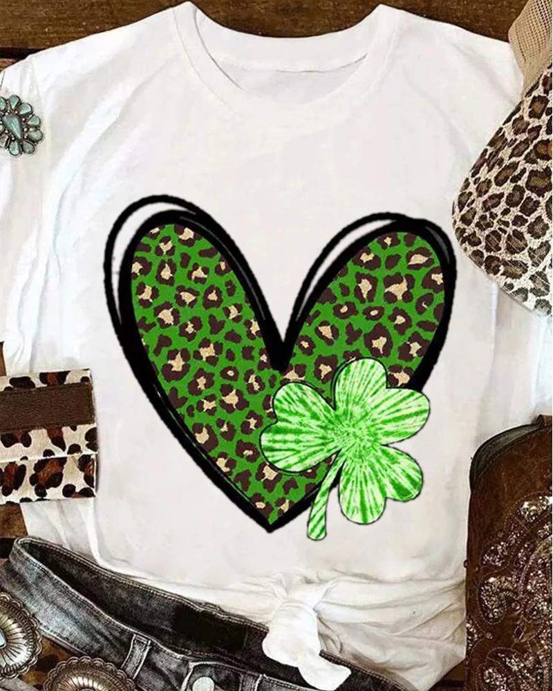 St. Patrick's Day Lucky Shamrock Heart Print Casual T-shirt