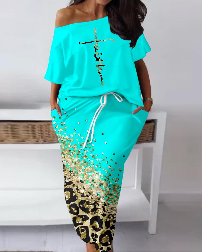 Plus Size Faith Letter Pattern Top & Contrast Leopard Print Skirt Set