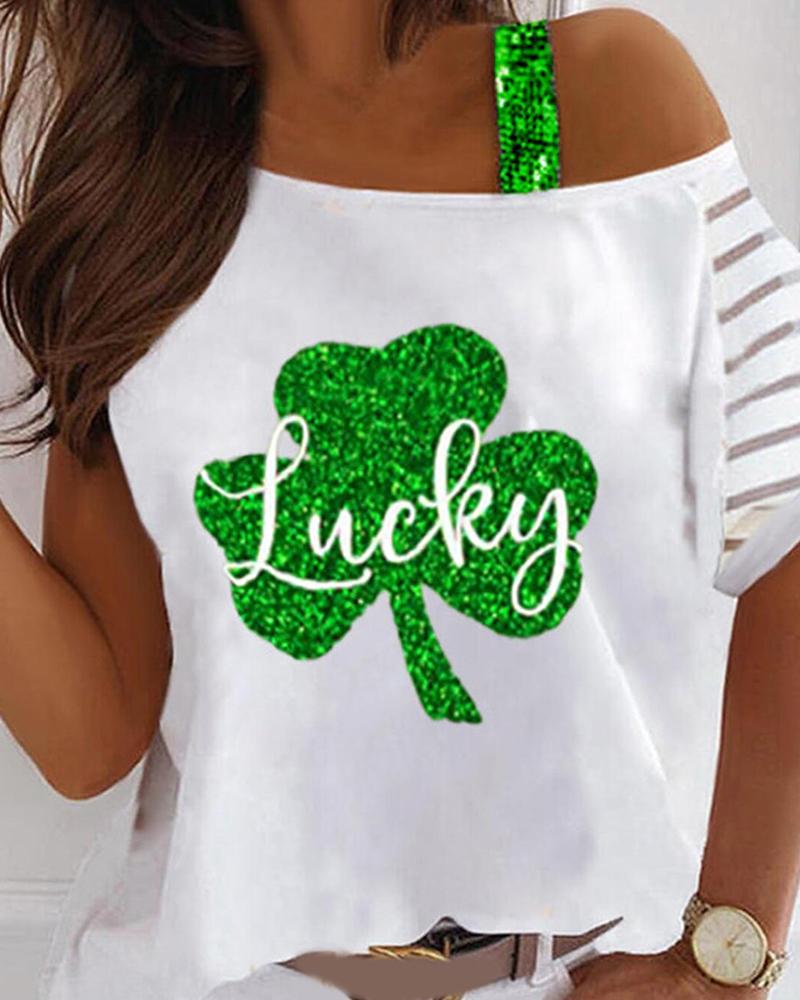 St.Patrick's Day Clover Letter Print Short Sleeve T-Shirt