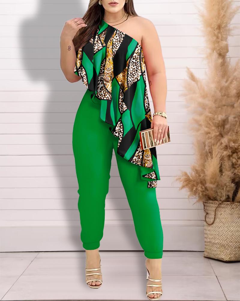 Jumpsuits&Rompers  ChicMe Plus Size Baroque Leopard Print One Shoulder Ruffles Jumpsuit