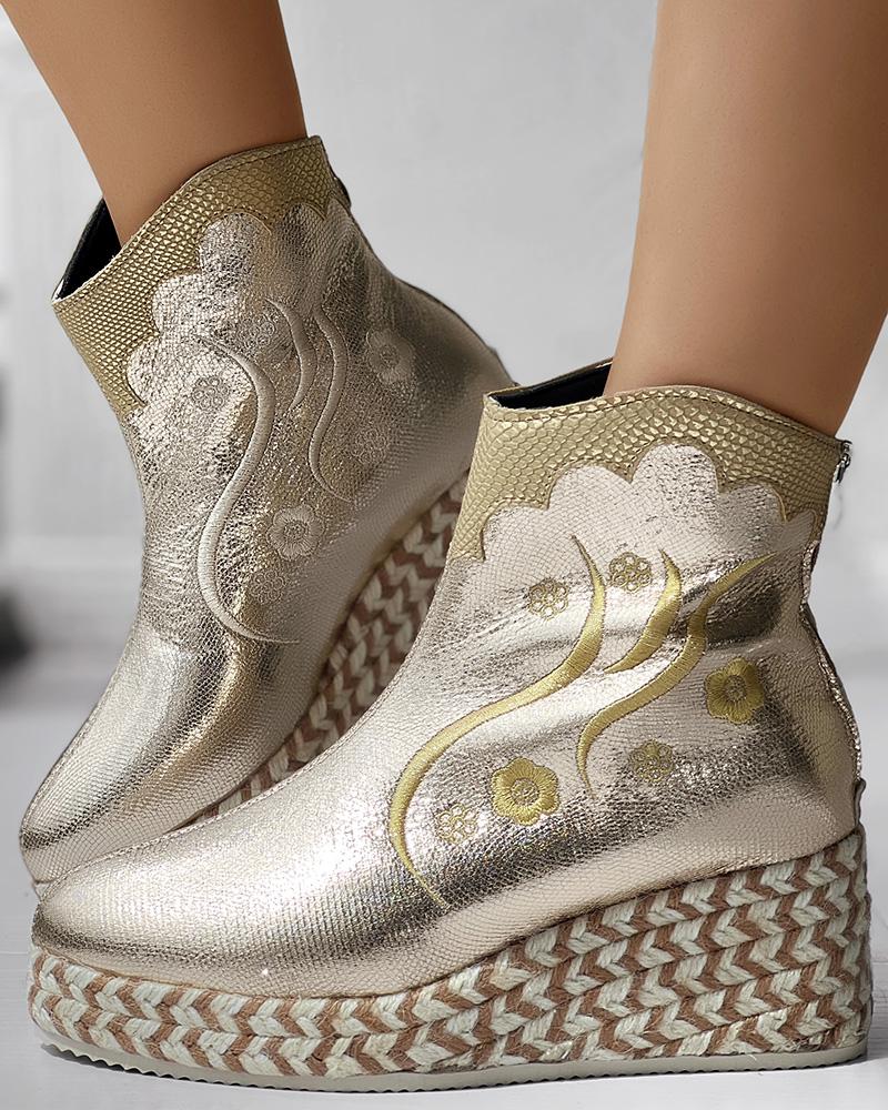 Metallic Colorblock Floral Embroidery Espadrilles Platform Ankle Boots