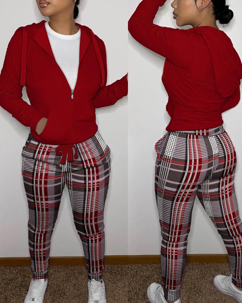 Long Sleeve Zip Up Hooded Top & Plaid Print Pants Set