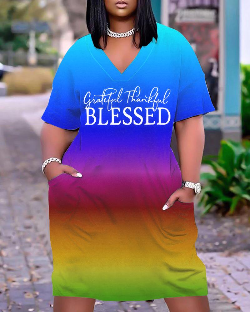 Casual Dresses  ChicMe Plus Size Grateful Thankful Blessed Print Ombre Casual Dress