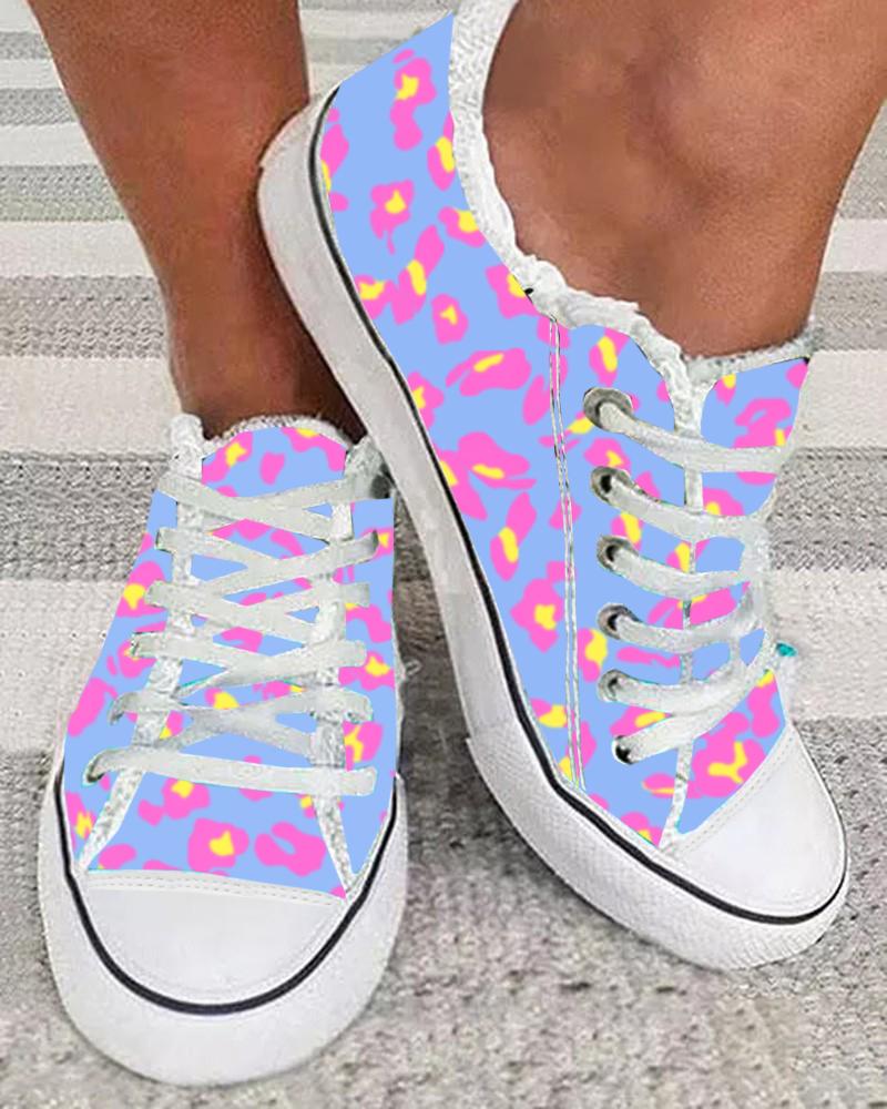 Leopard Print Raw Hem Lace-up Canvas Sneakers