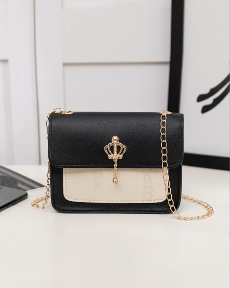 Crown Decor Lock Chain Strap Flap Shoulder Bag