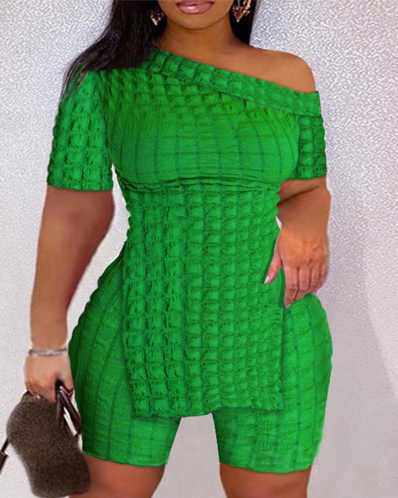 Textured Skew Neck Split Hem Top & Shorts Set