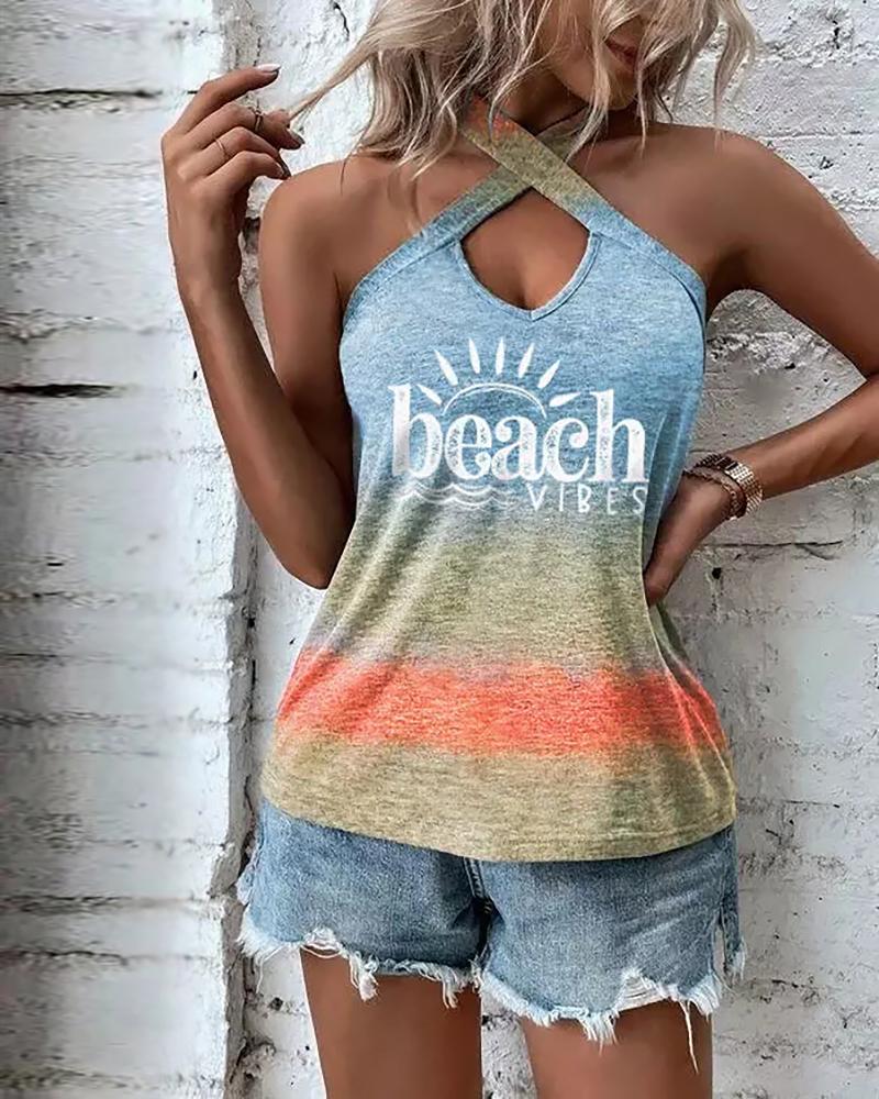 Beach Landscape Print Cross Halter Tank Top